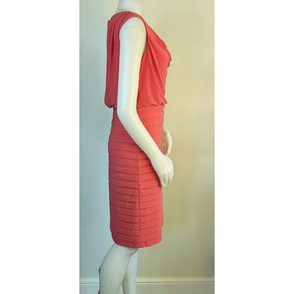 Adrianna Papell Sheath Dress 6 Coral Sleeveless Shutter Pleat Blouson Cowl Neck - Picture 5 of 9